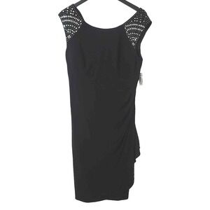 R&M Richards Dress 14 Black Studded Cap Sleeve Ruched Evening Rhinestone‎ Ruffle
